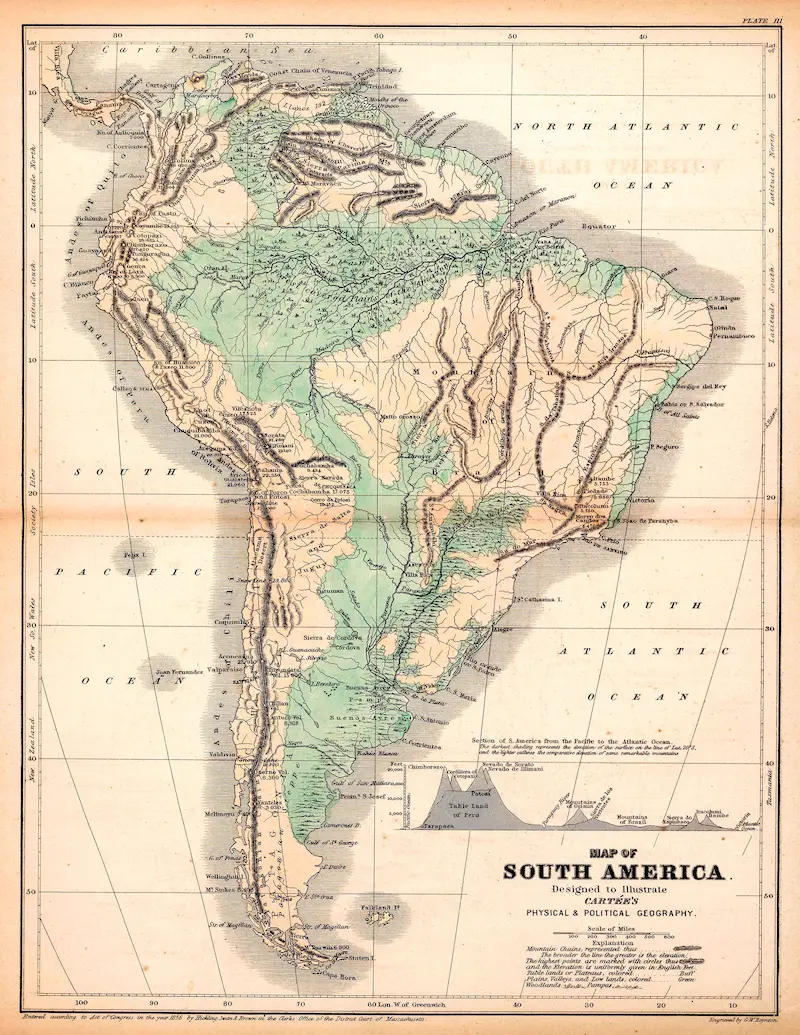 Mapa físico-político da América do Sul (c. 1850).